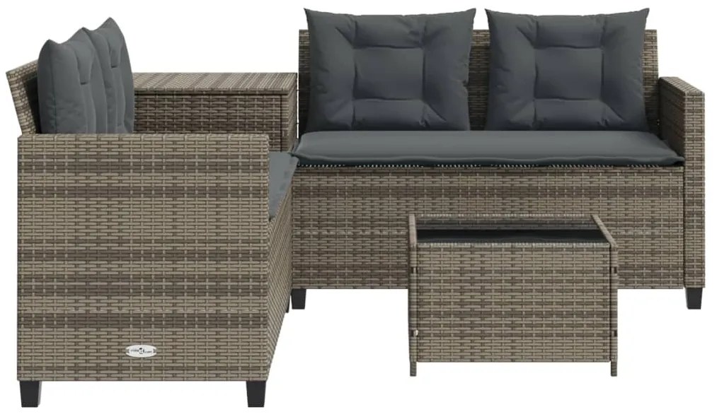 Sofá de jardim forma de L c/ mesa e almofadões vime PE cinzento