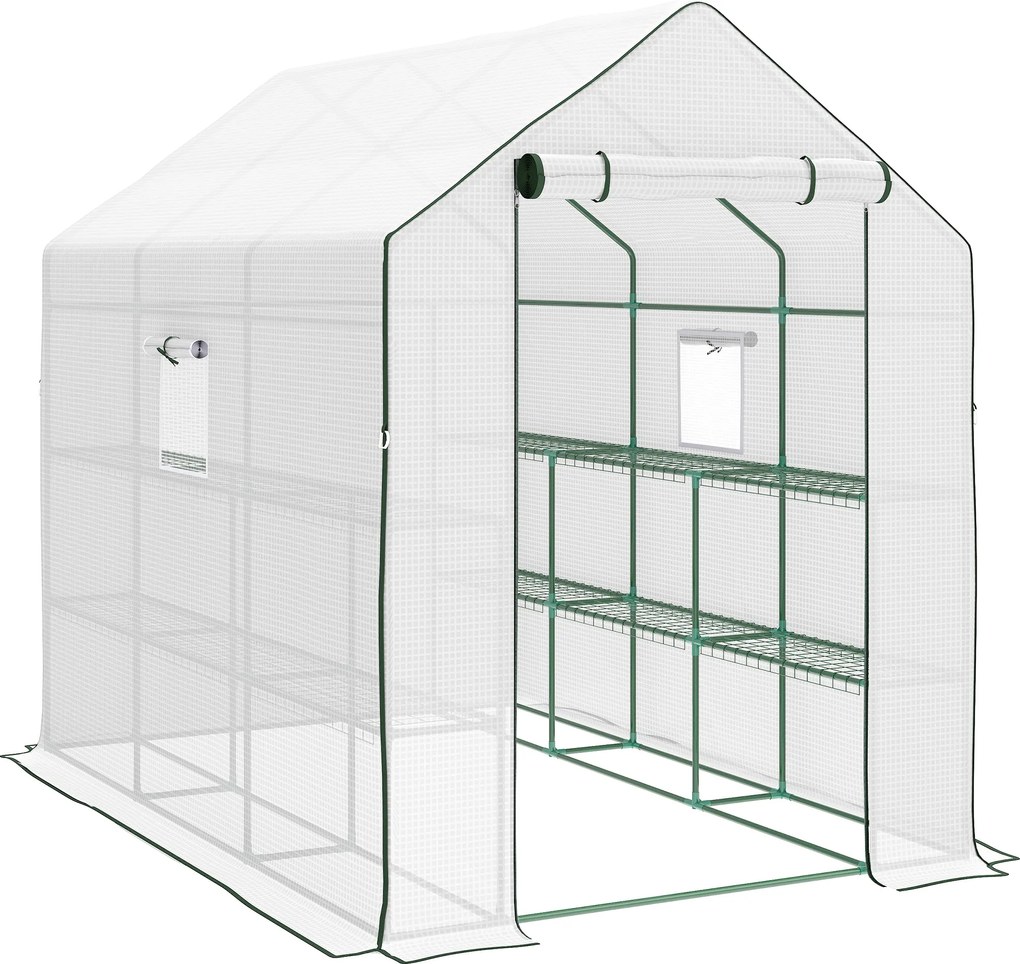 Outsunny Estufa de Jardim de 3 Níveis com 12 Prateleiras Porta Enrolável Janelas Anti-UV Cobertura de PE  140x213x190 cm Branco | Aosom Portugal
