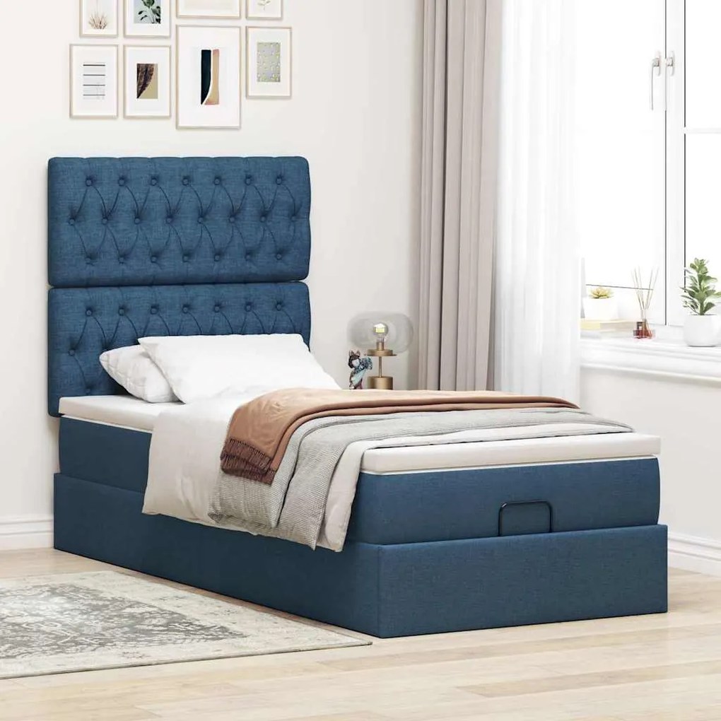 Estrutura de cama otomana com colchão tecido azul 90x190cm