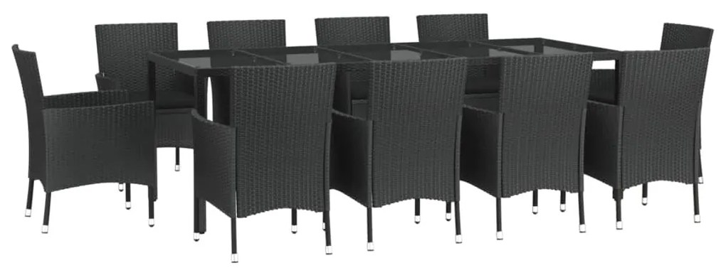 11 pcs conjunto de jantar p/ jardim c/ almofadões vime PE preto