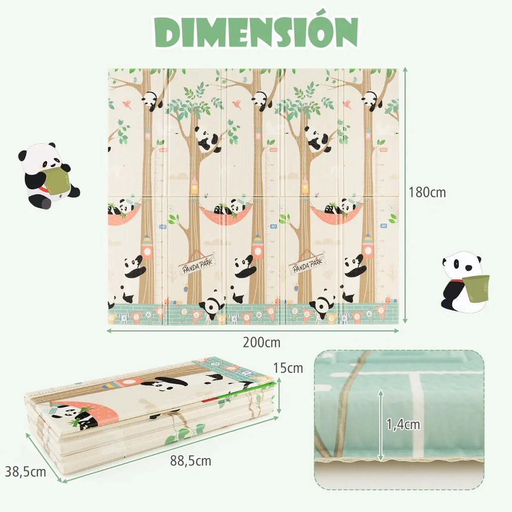Tapete infantil dobrável dupla face com panda e girafa, bolsa de transporte, tapete de brincar impermeável e reversível, 200 x 180 cm Multicolor