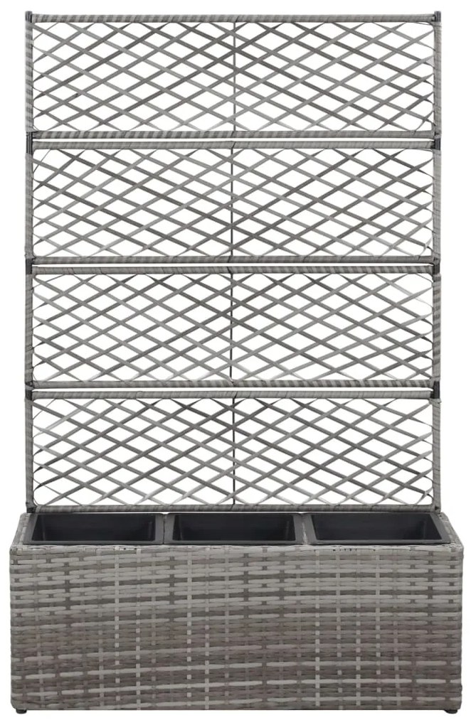 Floreira com treliça e 3 vasos 83x30x130 cm vime PE cinzento