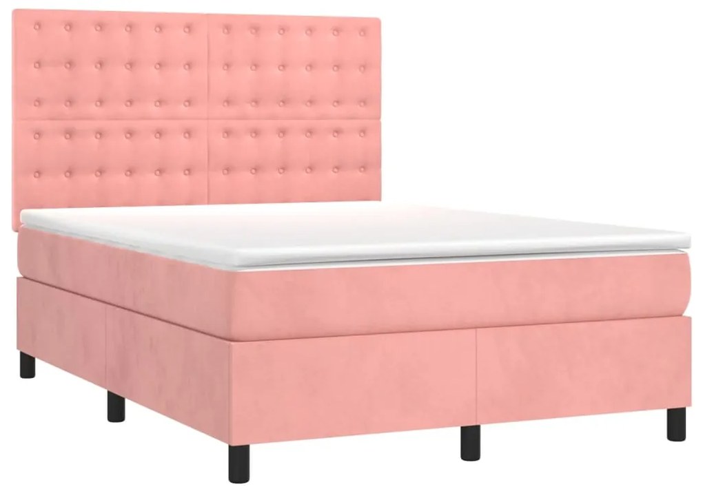 Cama box spring c/ colchão/LED 140x200 cm veludo rosa