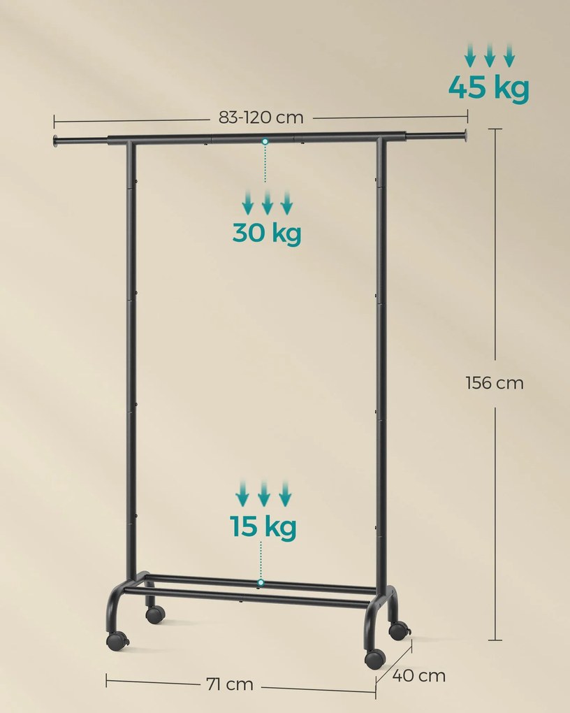Guarda Roupa Aberto com rodas e uma barra extensível 40 x (83-120) x 156 cm preto