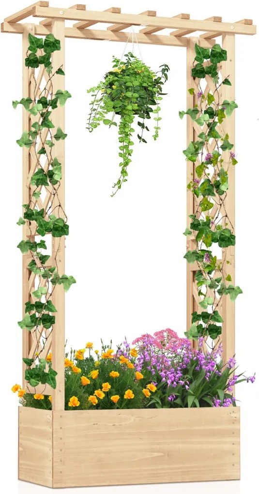 Floreira elevada em madeira de abeto com treliça 78 x 36 x 152 cm, tampa suspensa, 2 orifícios de drenagem e 2 painéis para jardim, terraço ou pátio N