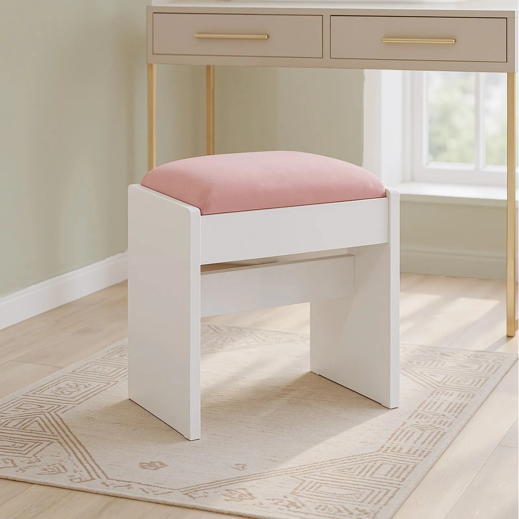 Banco para toucador estofado para maquilhagem em veludo 28,6 x 45 x 49,5 cm, com pés antiderrapantes branco-rosa