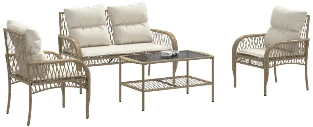4 pcs conjunto de sofás para jardim c/ almofadões vime PE bege