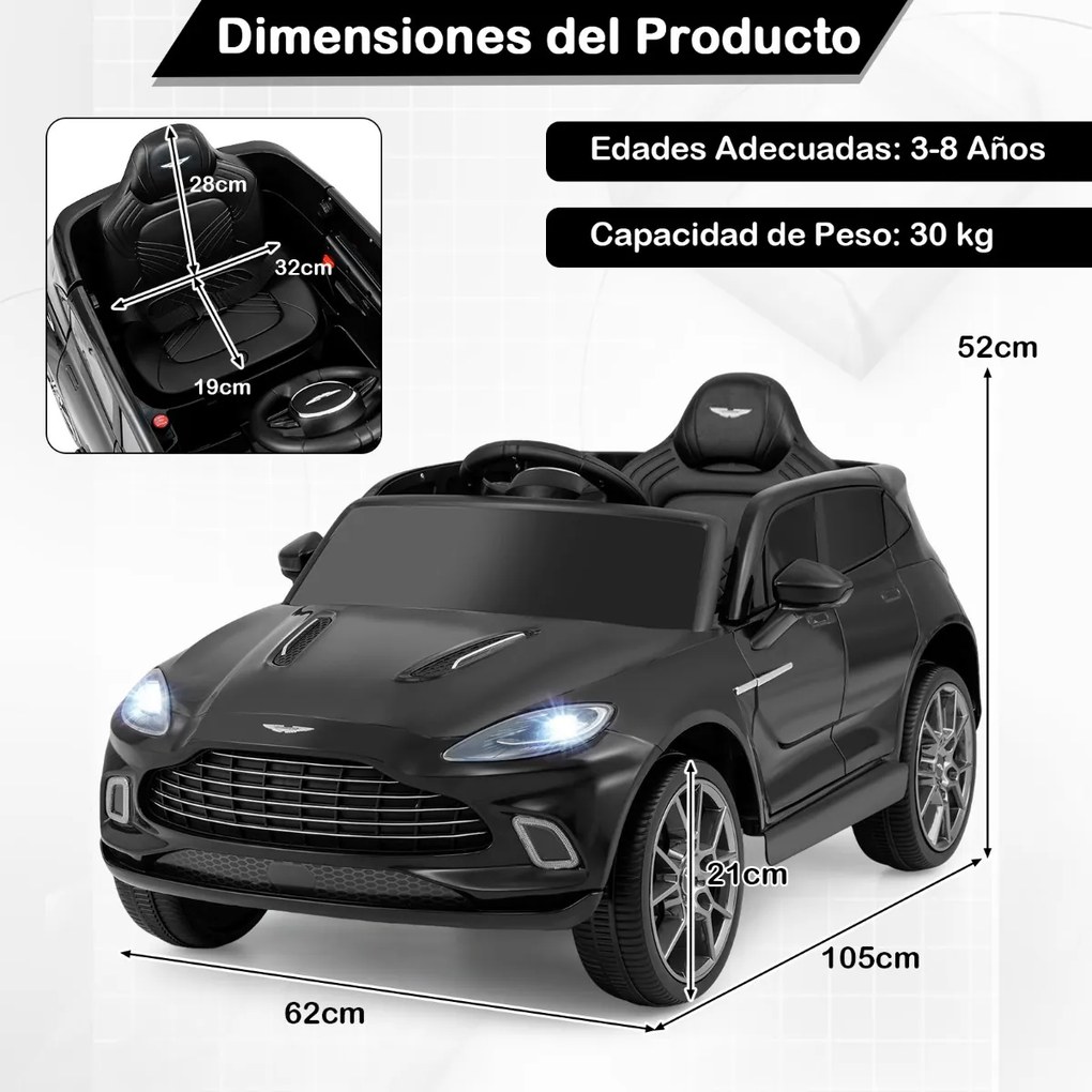 Carro elétrico infantil de 12 V Aston Martin DBX com portas duplas com fecho, controlo remoto, arranque gradual, luzes LED, porta USB e buzina – Preto