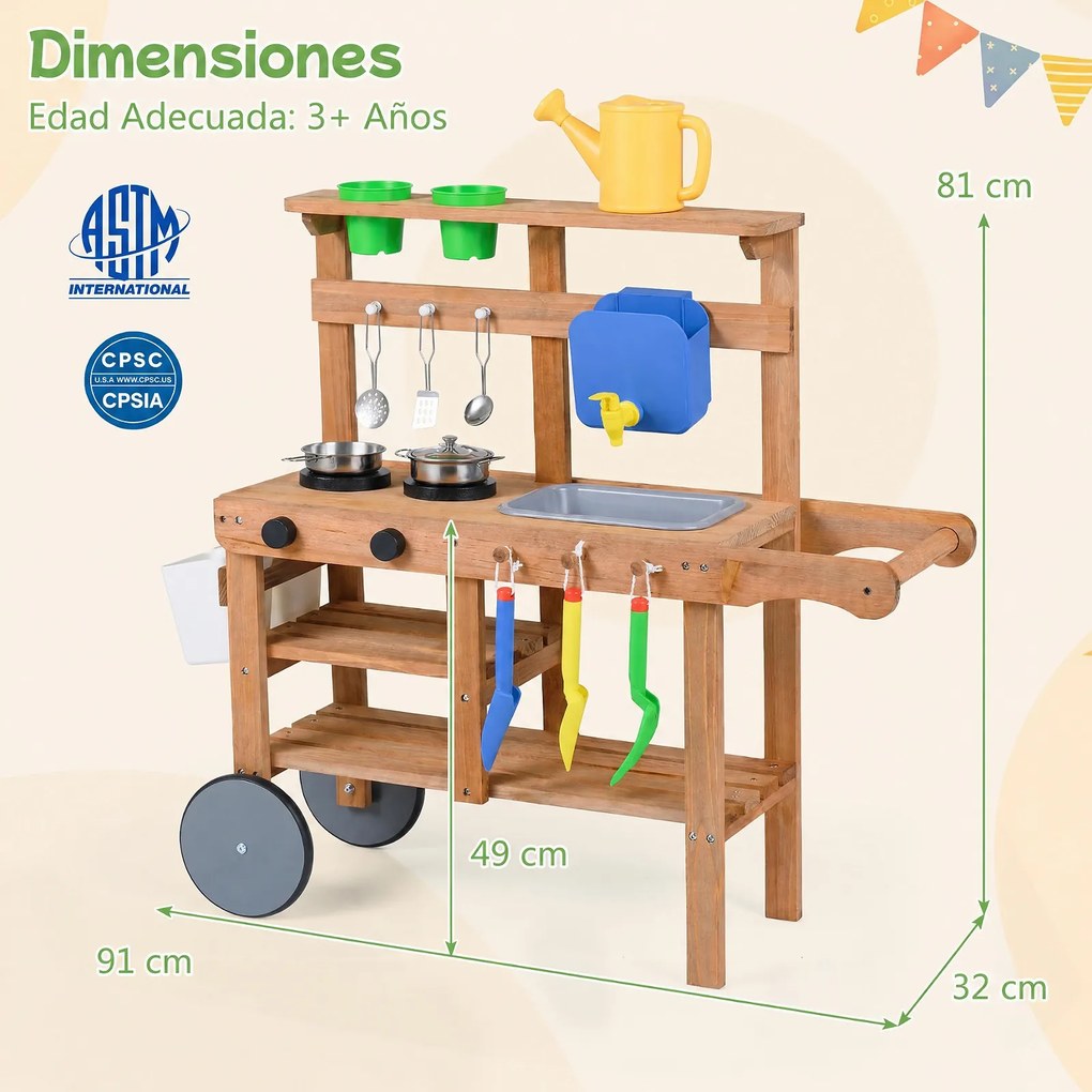 Cozinha de crianças Exterior Infantil, 91 x 32 x 81 cm, Design 2 em 1, Natural