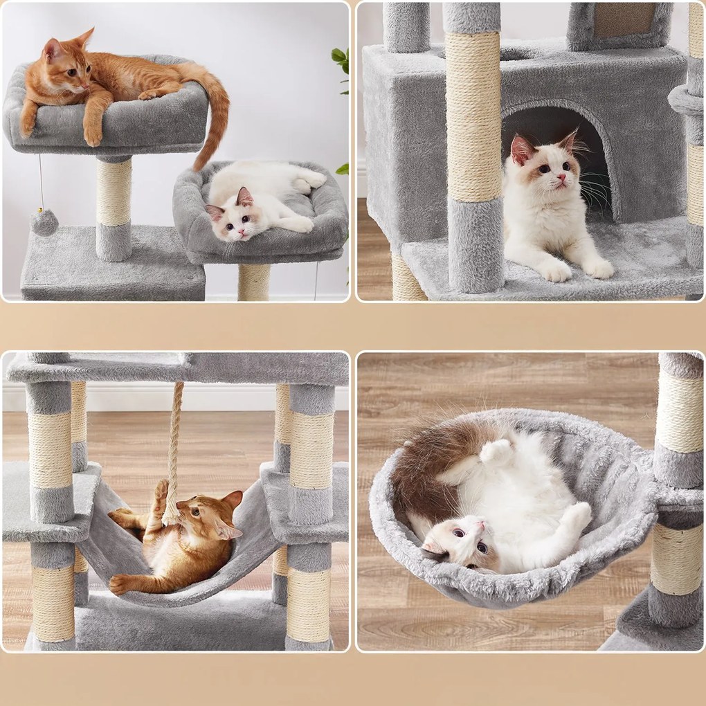 Arranhador para gatos 55 x 45 x 168 cm com 2 cavernas cinza claro