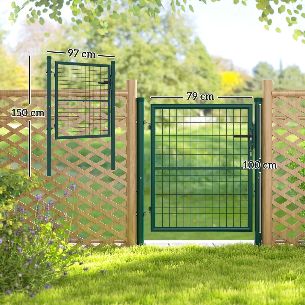 Portão de Jardim 97x150 cm para Vedação de Barra de Aço com Puxador Fechadura e 3 Chaves para Exterior Pátio Verde
