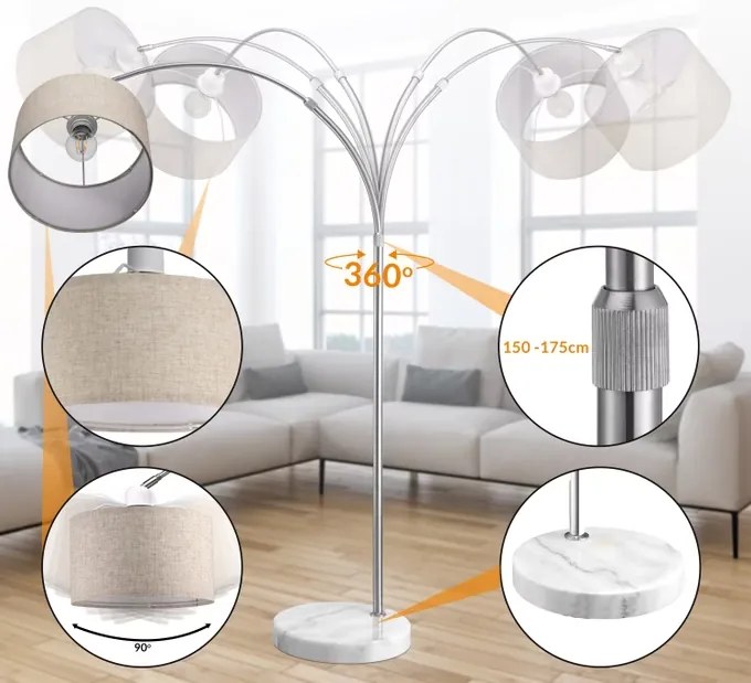 Candeeiro Pé em arco em linho 150-175 cm ajustável cinzento