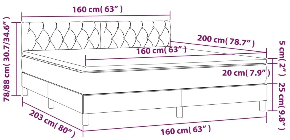 Cama box spring c/ colchão/LED 160x200cm tecido castanho-escuro