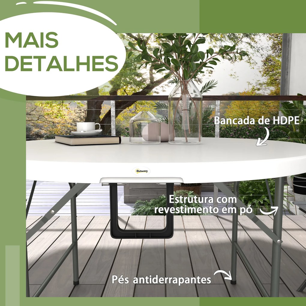 Mesa de Jardim Redonda Mesa de Varanda Dobrável com Estrutura de Aço e Bancada de HDPE Ø122x73 cm Branco