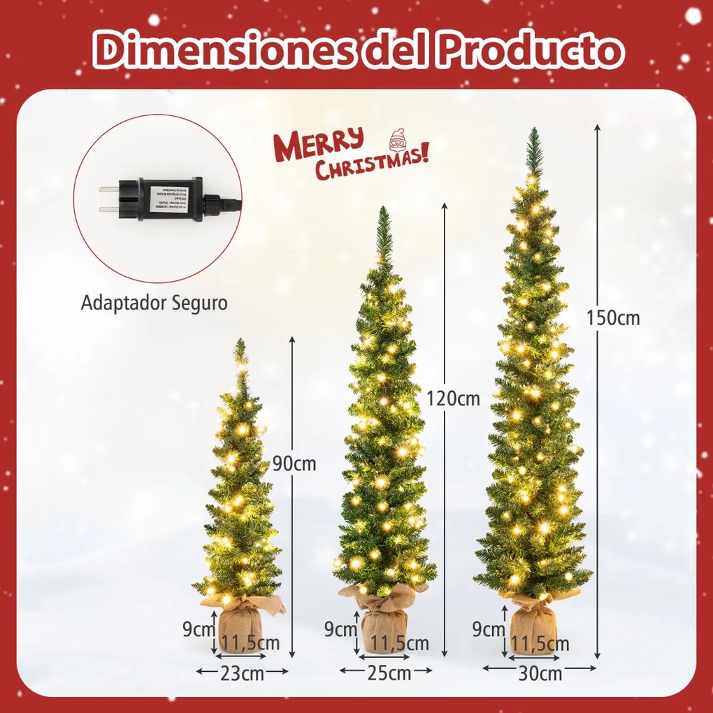 Conjunto de 3 árvores de Natal artificiais pré-iluminadas Pencil 90/120/150 CM com 415 pontas de ramos 230 luzes LED Decoração verdes