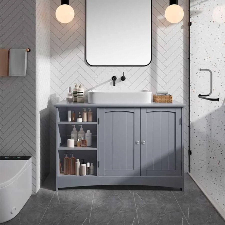 Armário de casa de banho extra longo 30 x 90 x 60 cm com 2 portas (lavatório não incluído) Cinzento 