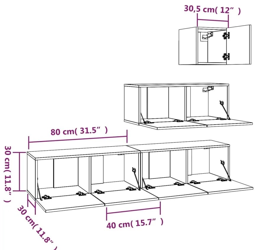 Conjunto móveis de TV 4 pcs madeira processada cinzento cimento