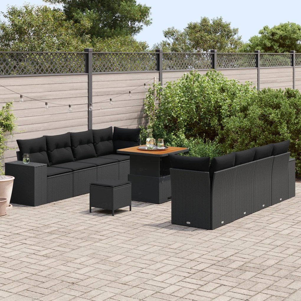 Conjunto de Sofá de Jardim vidaXL de 11 Peças com Almofadas Preto Poly
