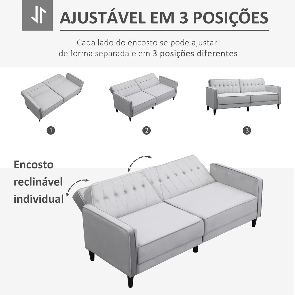 HOMCOM Sofá de 2 Lugares Convertível em Cama Estofado Aveludado com Encosto Ajustável e Pés de Madeira para Sala de Estar Escritório 189x81x83,5cm Cinza