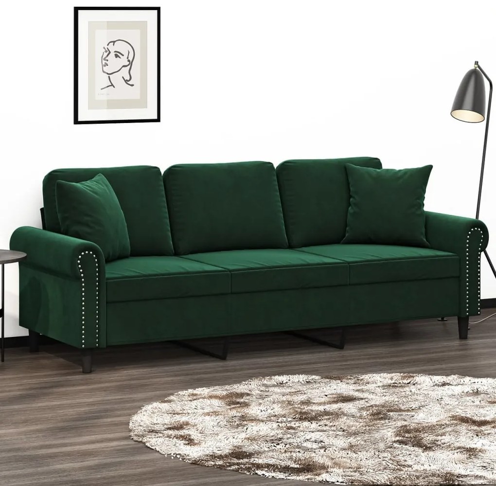 vidaXL Sofá 3 lug. c/ almofadas/almofadões 180 cm veludo verde-escuro
