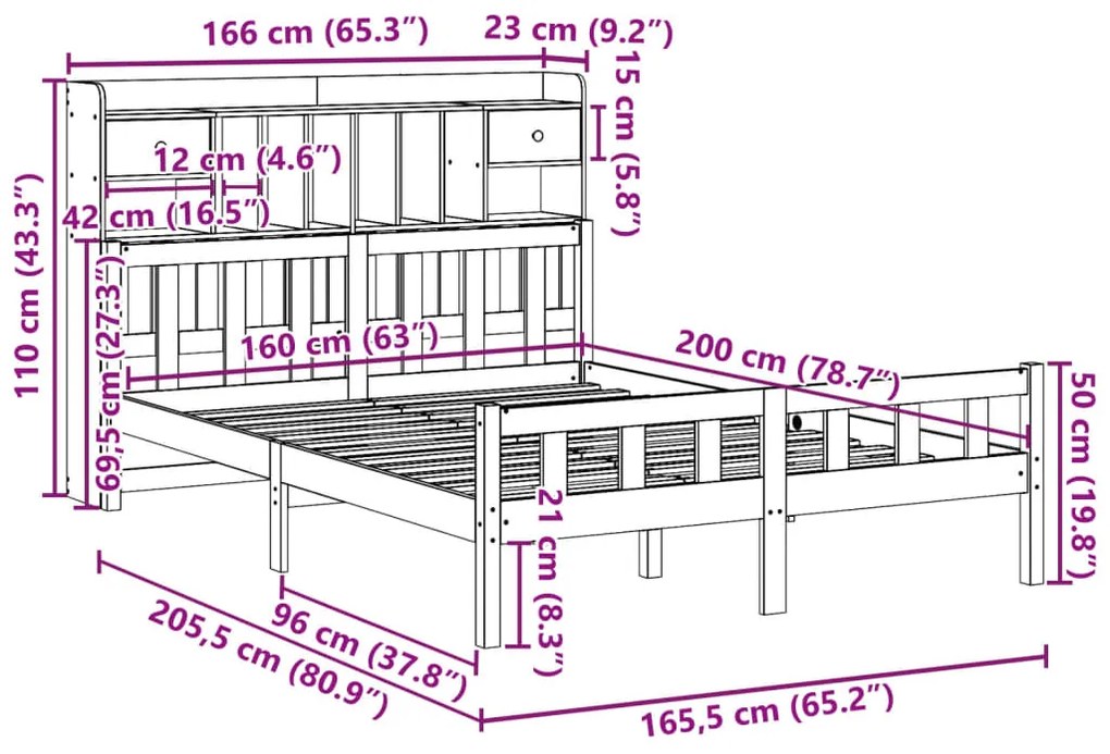 Cama com estante sem colchão 160x200 cm pinho maciço