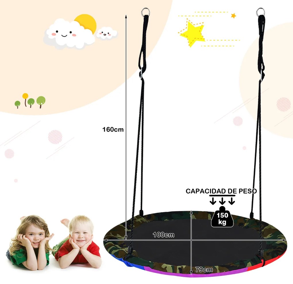 Conjunto de baloiço de 100 cm de baloiço de disco para crianças com tubo revestido de espuma galvanizada Desenho reversível Camuflado