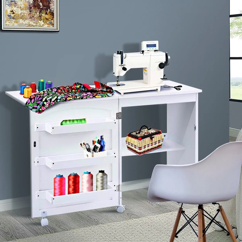 Mesa Dobrável PC de Costura Multifuncional Mesa 3 Prateleiras 5 Rodas 117 x 40 x 74 cm Branco