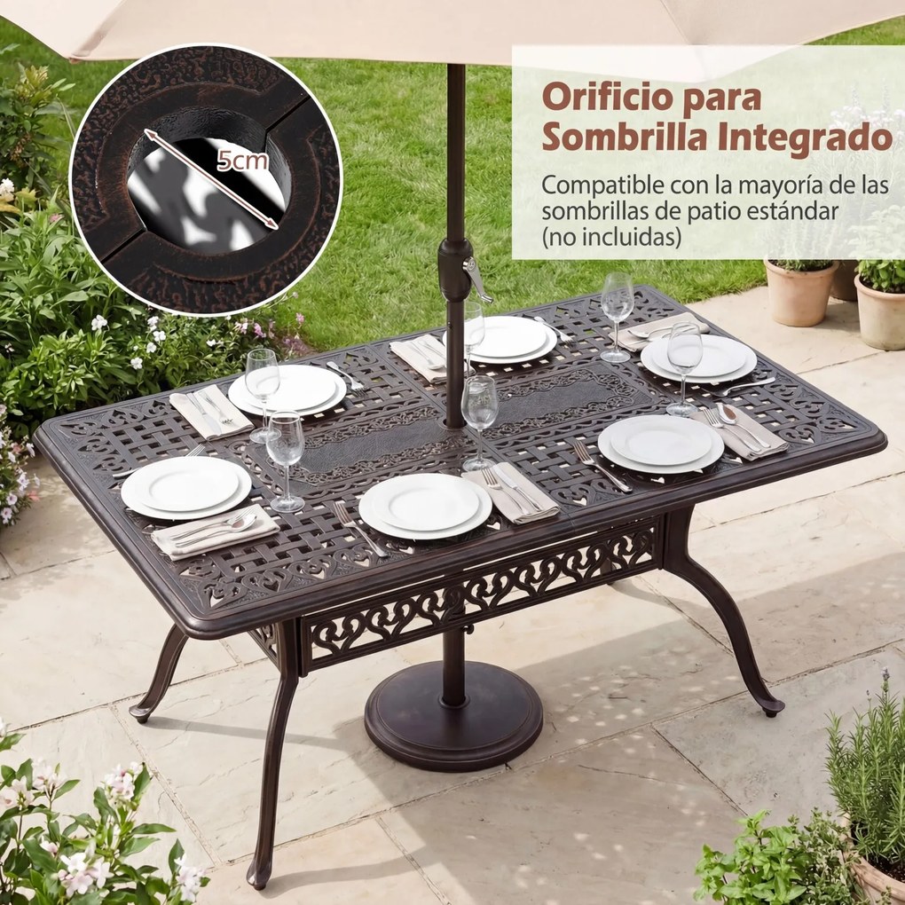 Mesa de Jantar de Exterior (CADEIRAS NÃO INCLUIDAS), 150 x 90 x 73 cm, Furo para Guarda-Sol, Bronze