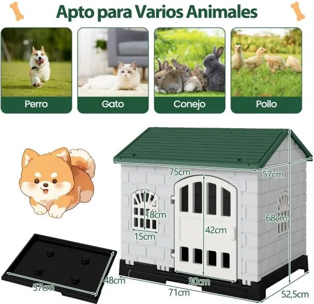 Casota dobrável 75 x 58 x 65 cm de plástico para cães resistente às intempéries para animais de estimação com bandeja sanitária Porta verde escuro