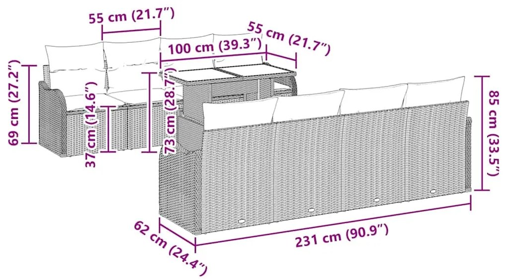 Conjunto de Sofá de Jardim de 9 Peças com Almofadas Bege em Rattan Sin