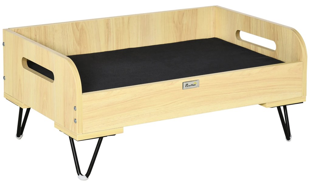 PawHut Sofá de Madeira para Cães Gatos Cama para Animais de Estimação Pequenos com Almofada Acolchoada Removível Alças e Pés Elevados de Aço 70x45x32cm Carvalho e Preto