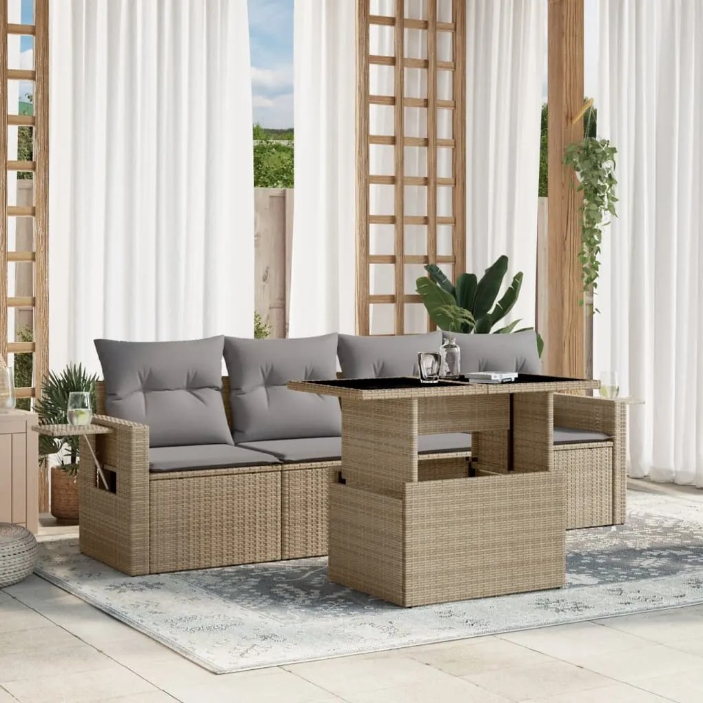 5 pcs conjunto de sofás p/ jardim com almofadões vime PE bege