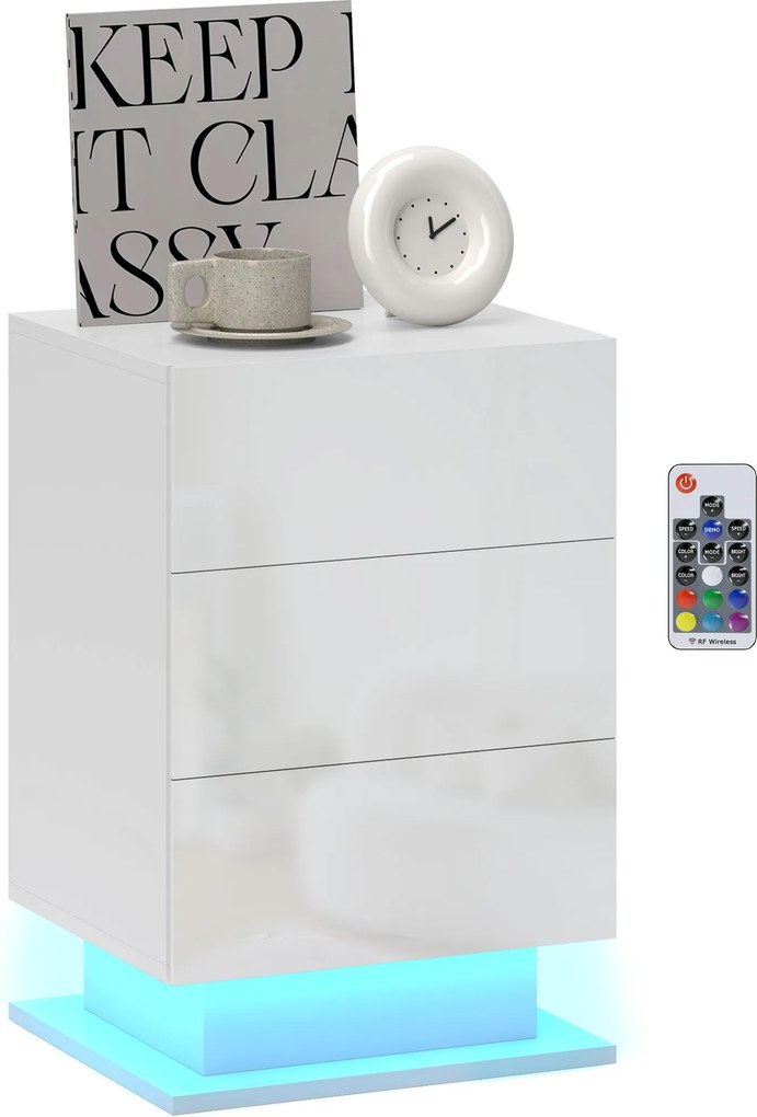 Mesa de Cabeceira com Faixa de Luz LED Multicolor Mesa Auxiliar com 3 Gavetas Estilo Moderno 40x35x60 cm Branco Brilhante