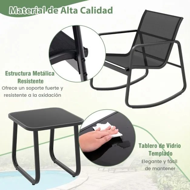 Conjunto jardim bistrô com 2 cadeiras de baloiço mesa com tampo de vidro para jardim exterior e varanda Preto