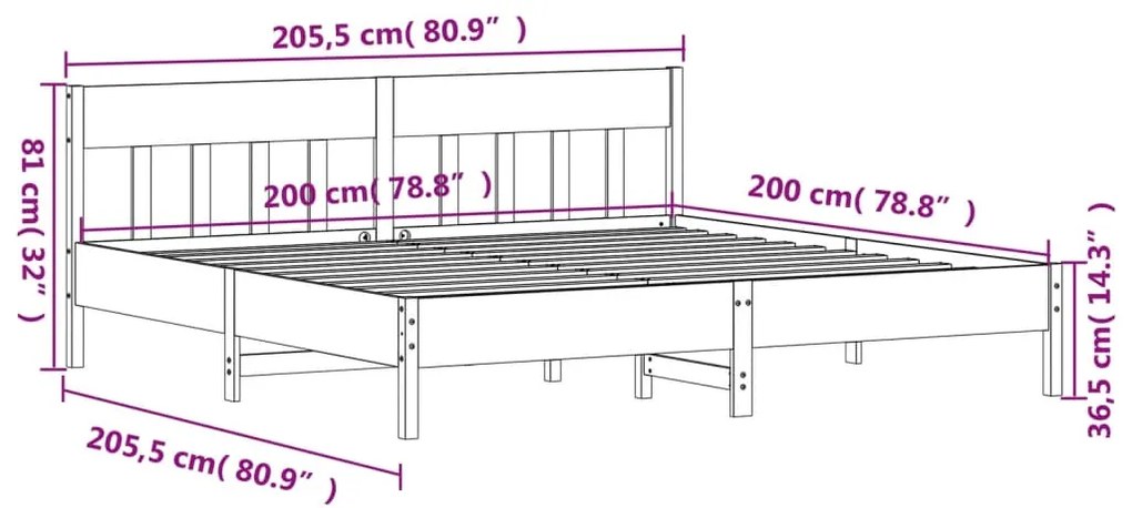 Cama sem colchão 200x200 cm madeira de pinho maciça branco