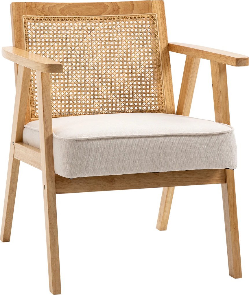 HOMCOM Poltrona de Sala de Estar com Encosto em Vime e Estrutura de Madeira de Borracha 63x69x78 cm Madeira e Bege | Aosom Portugal