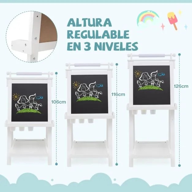 Cavalete de arte dobrável de dupla face 3 em 1 para crianças + 3 anos com quadro negro e rolo de papel substituível 3 copos bandejas Branco