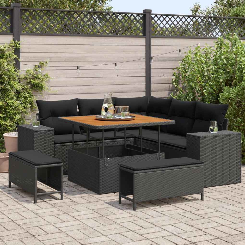 Conjunto de Sofá de Jardim vidaXL 8 Peças com Almofadas Rattan Preto A