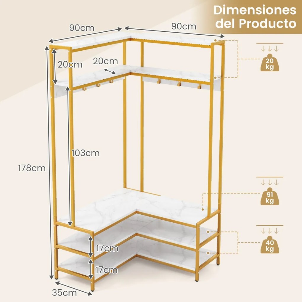 Guarda roupa aberto, móvel entrada de canto com prateleiras abertas e ganchos Banco para sapatos Estrutura metálica sólida 90 x 90 x 178 cm Branco