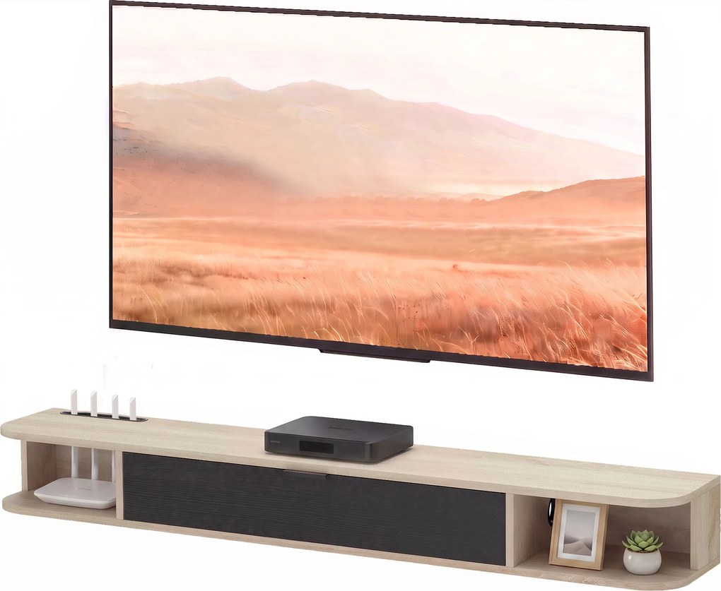 Móvel de TV suspenso 140 x 24 x 16 cm, móvel para televisores até 60 polegadas, gaveta rebatível, 2 prateleiras, madeira cor natural e preto
