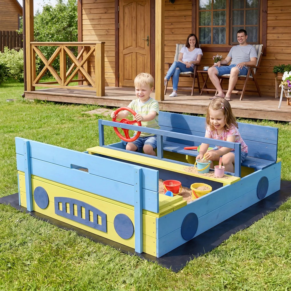 Caixa de areia infantil em madeira com tema de carro 118 x 100 x 40 cm, com capota conversível, bancos, forro e volante, para crianças a partir dos 18