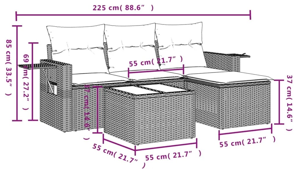 4 pcs conj. sofás jardim c/ almofadões vime PE cinzento-claro