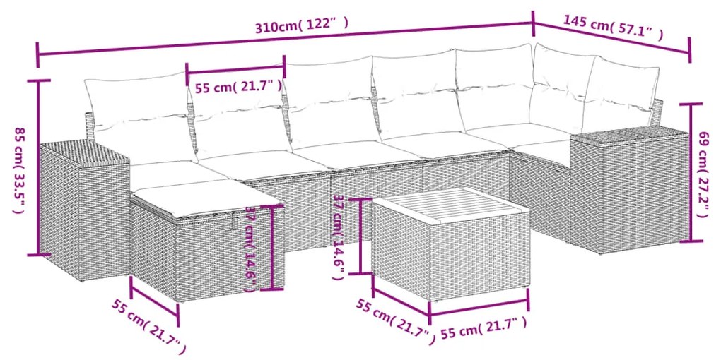 8 pcs conjunto de sofás p/ jardim com almofadões vime PE bege