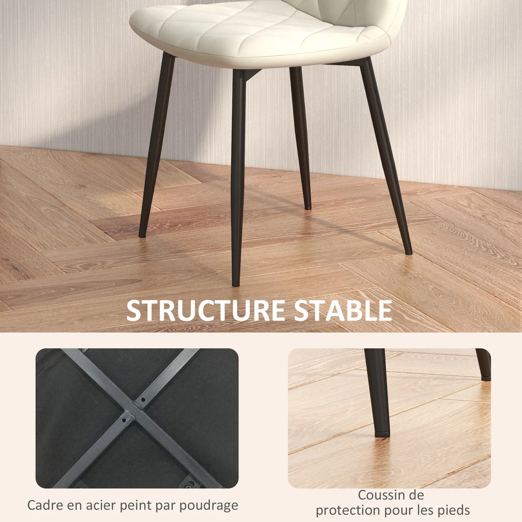 Conjunto de 4 cadeiras de jantar estofadas com encosto alto (MESA NÃO INCLUIDA), pés em aço e tecido com efeito de veludo, na cor creme