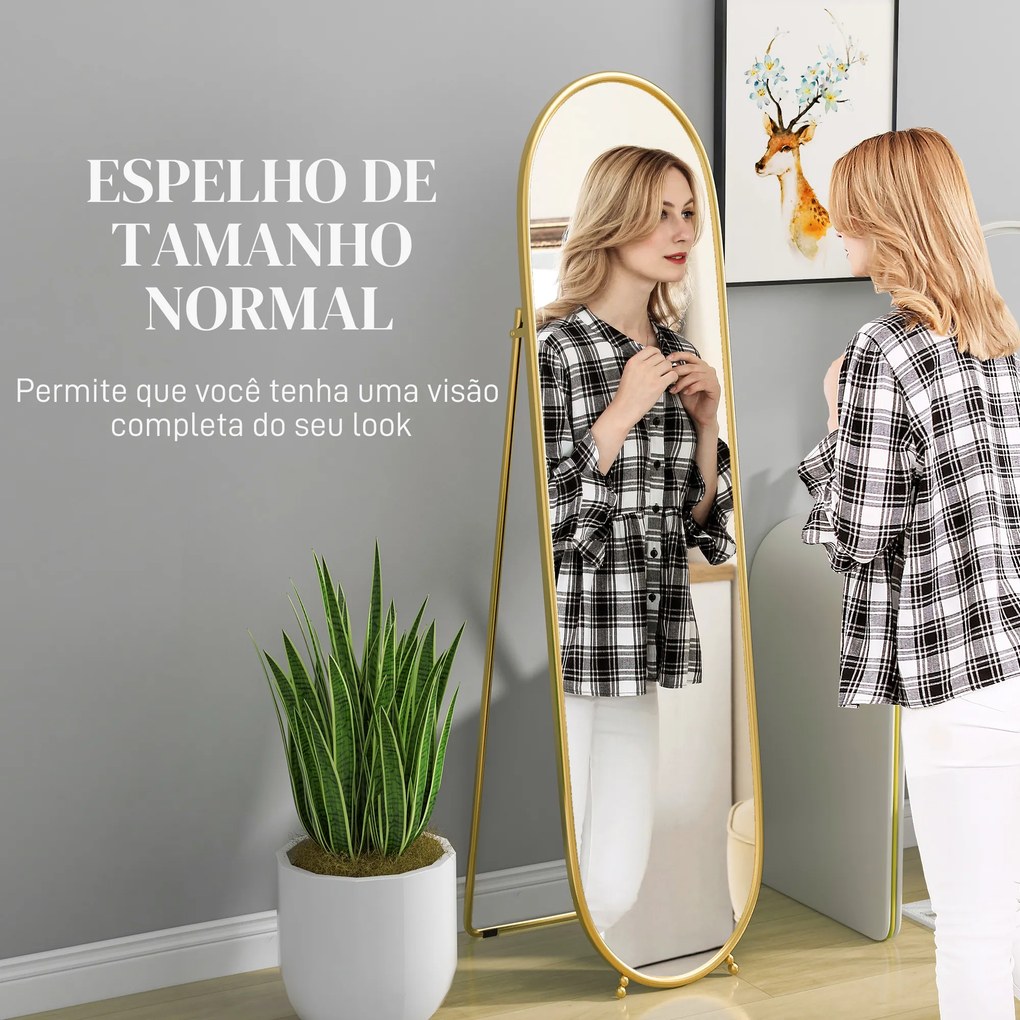 Espelho de Pé Oval 160x40 cm Espelho de Corpo Inteiro com Moldura Metálica Suporte e 2 Formas de Utilização Dourado