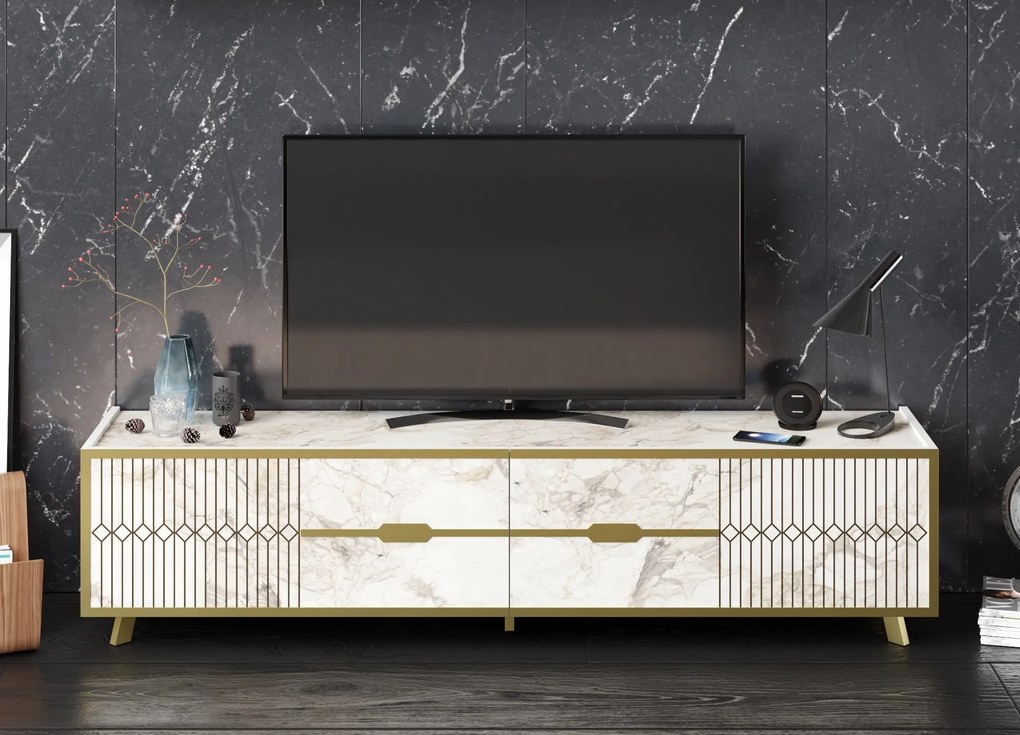 Móvel TV ELOISE, bilaminado mármore branco com detalhes dourados, 180 cms