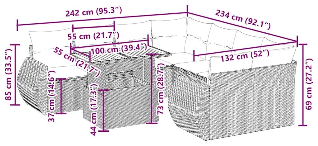 9 pcs conjunto de sofás p/ jardim com almofadões vime PE bege