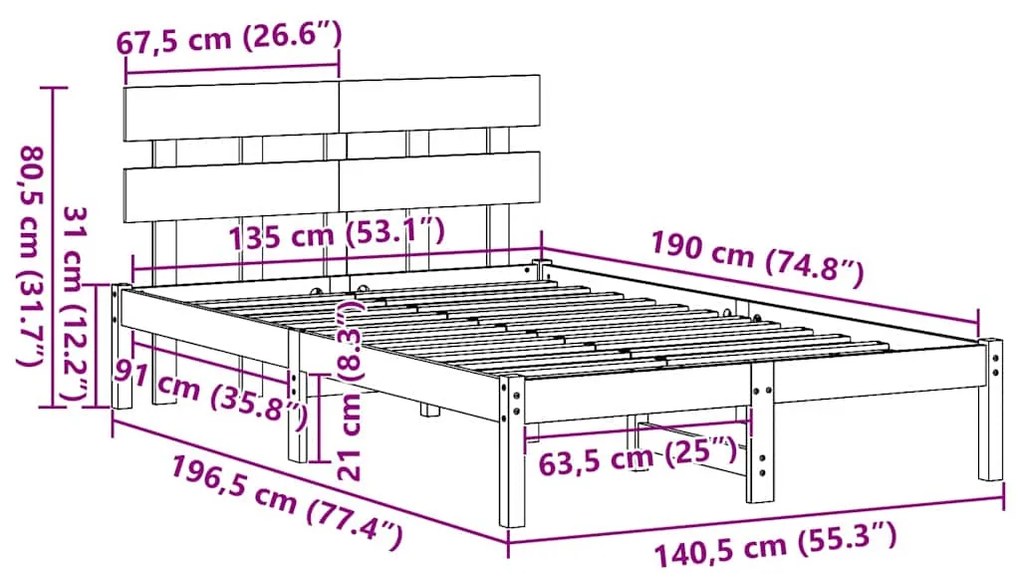 Estrutura de Cama com Cabeceira 135x190 cm Madeira Sólida de Pinho