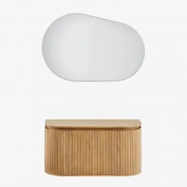 Conjunto De Móvel De Casa De Banho Suspenso Em Madeira De Manga Analis Madeira Natural & Sem Lavatório & Oval Led E Anti-embaciamento 100x80 - Sklum