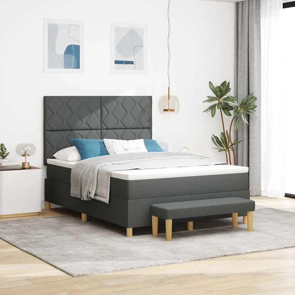 Cama Box Spring com Colchão e Banco Cinza Escuro 140x200 cm Tecido